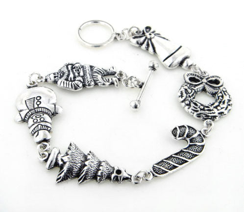 Sterling Silver Santa, Snowman, Tree, Christmas Toggle Bracelet 8" Long - Silver Insanity