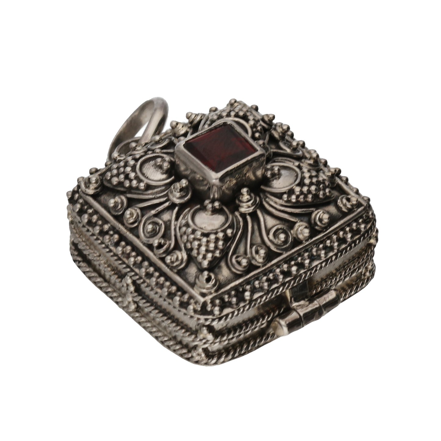 Garnet and Sterling Silver Square Poison Box Locket Pendant