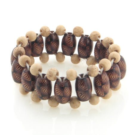 Geometric Pattern Beaded Wood Boho Stretch Bracelet - Silver Insanity