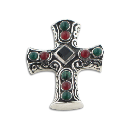 Black Onyx w/ Green Agate Sterling Silver Cross Pendant - Silver Insanity