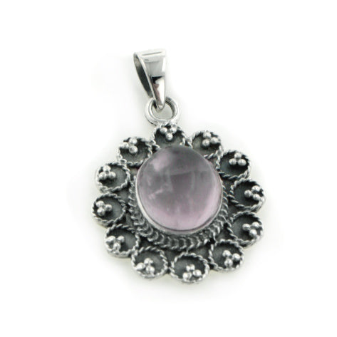 Ornate Flower Pink Rose Quartz Center Bali Style Sterling Silver Pendant - Silver Insanity