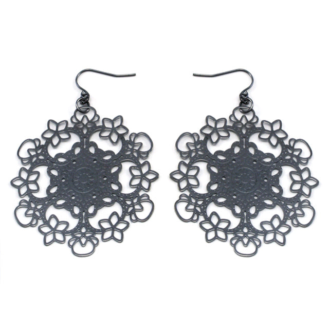 Dark Filigree Snowflake Metal Disc Hook Earrings - Silver Insanity