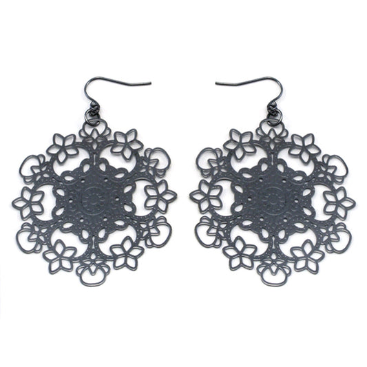 Dark Filigree Snowflake Metal Disc Hook Earrings - Silver Insanity