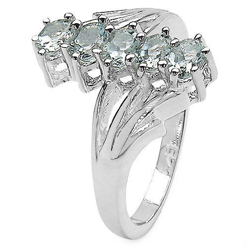 Genuine 5-Stone Aquamarine Gemstone Rhodium Plated Sterling Silver Ring Size 7 - Silver Insanity