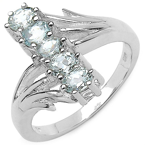 Genuine 5-Stone Aquamarine Gemstone Rhodium Plated Sterling Silver Ring Size 7 - Silver Insanity