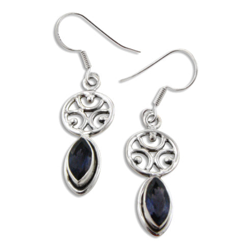 Greek Omega Symbol and Genuine Marquise Iolite Sterling Silver Earrings - Silver Insanity