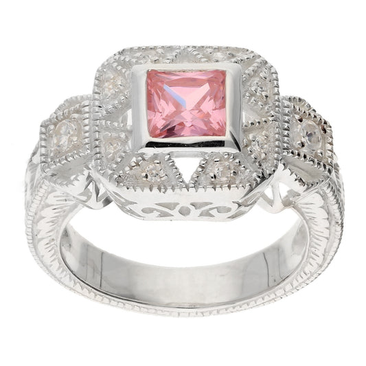 Square Princess Cut Pink Ice and White CZ Sterling Silver Promise Ring - Silver Insanity