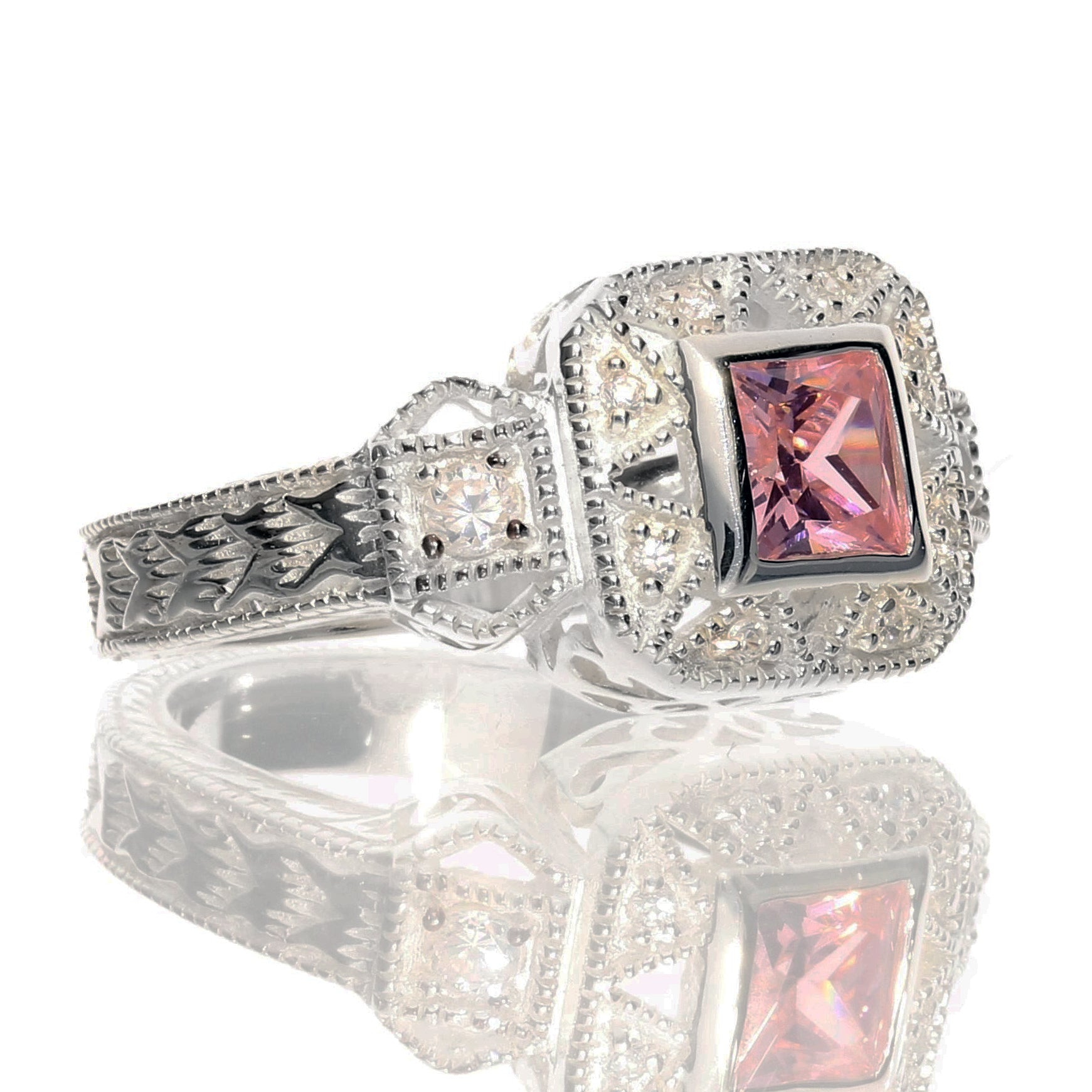 Square Princess Cut Pink Ice and White CZ Sterling Silver Promise Ring - Silver Insanity