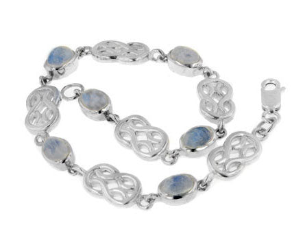 Sterling Silver Genuine Rainbow Moonstone Celtic Knot 7" Link Bracelet - Silver Insanity