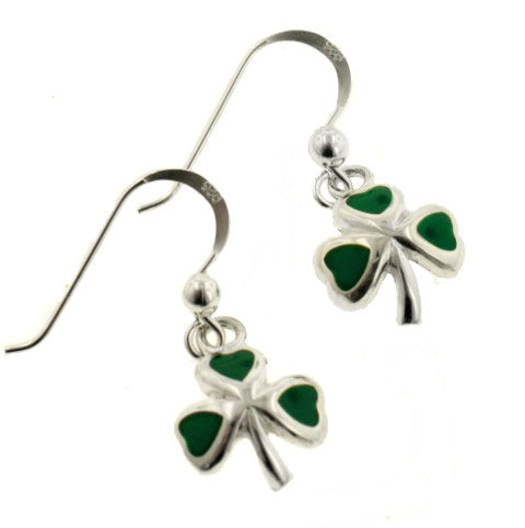 Green Enameled Irish Shamrock or Clover Sterling Silver Hook Earrings - Silver Insanity