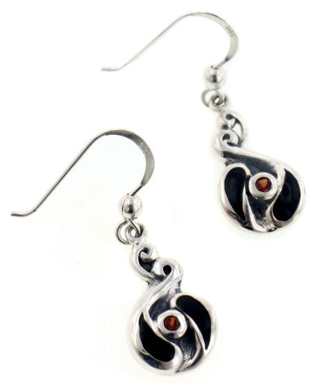 Unusual Celtic Swirled Black Inlay and Genuine Garnet Sterling Silver Earrings - Silver Insanity