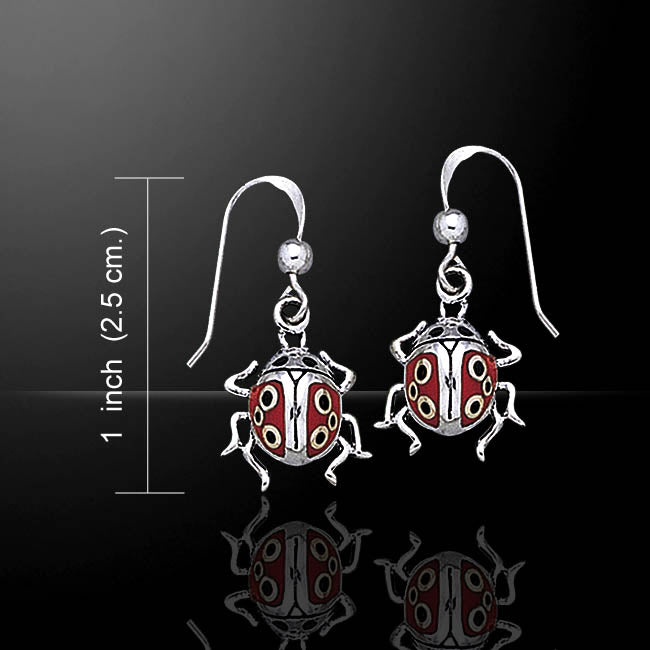 Red and Black Enamel Ladybug Detailed Sterling Silver Dangling Hook Earrings - Silver Insanity