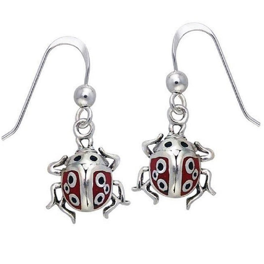 Red and Black Enamel Ladybug Detailed Sterling Silver Dangling Hook Earrings - Silver Insanity