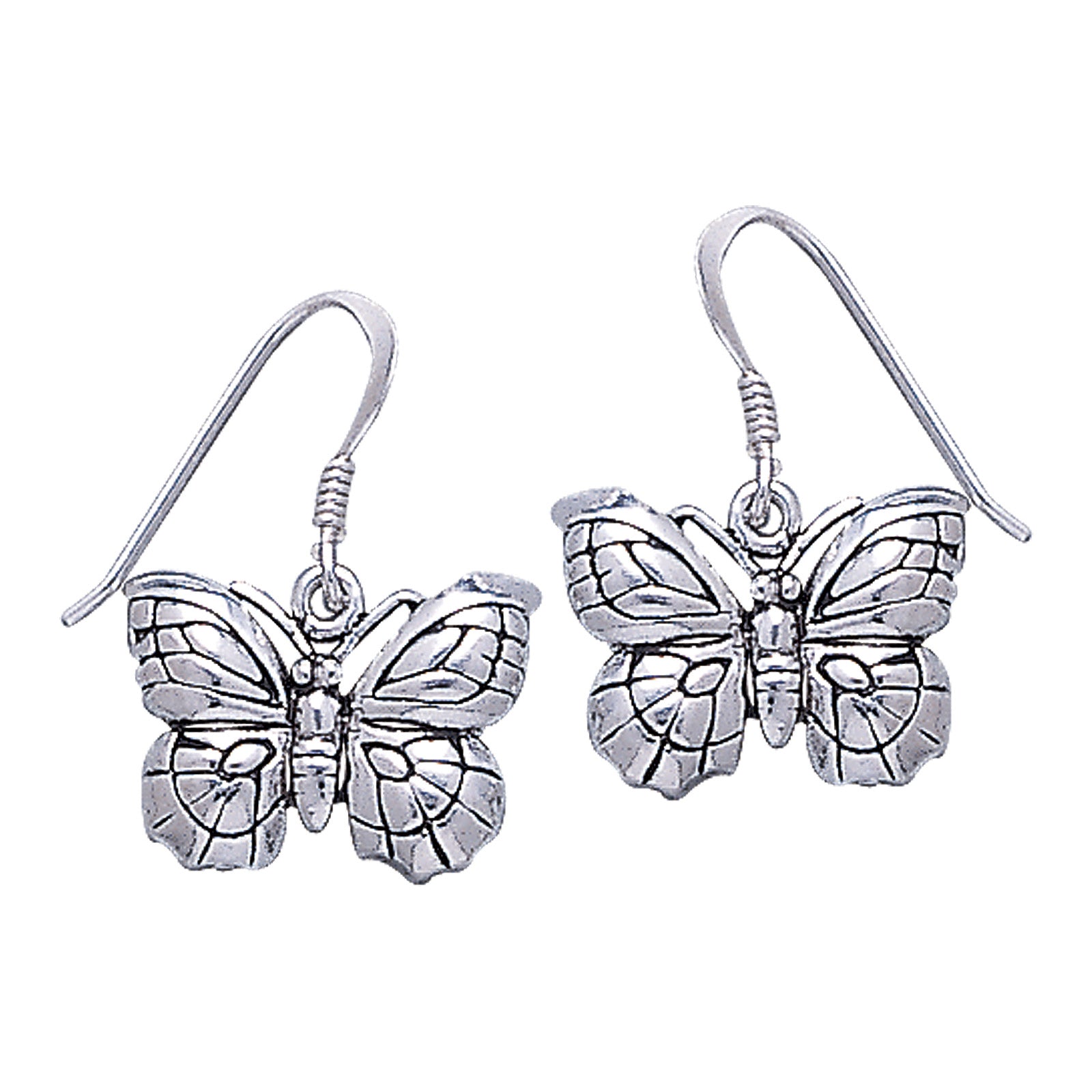 Detailed Curved Butterfly Sterling Silver Hook Earrings - Silver Insanity