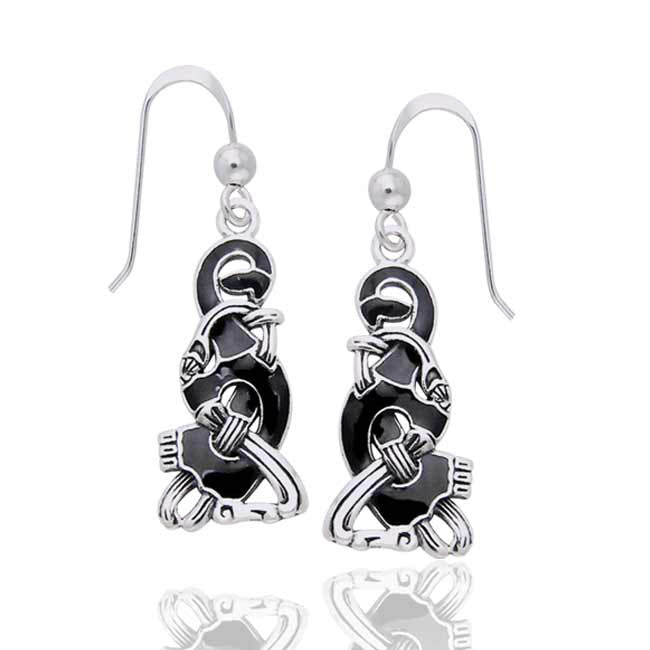 Ringerike Viking Hook Black and Sterling Silver Enamel Earrings - Silver Insanity