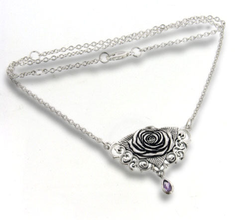 Sacred Rose Sterling Silver 17" Necklace with Amethyst Gemstone Drop - Silver Insanity