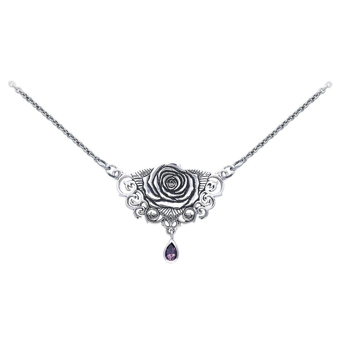 Sacred Rose Sterling Silver 17" Necklace with Amethyst Gemstone Drop - Silver Insanity