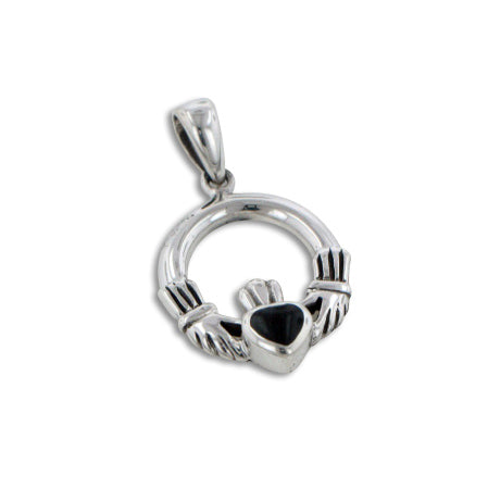 Small Sterling Silver Celtic Claddagh Black Onyx Inlay Heart Charm Pendant - Silver Insanity