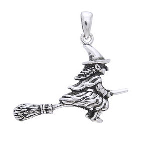 Salem Witch with Hat on Broom Charm Pendant Sterling Silver - Silver Insanity