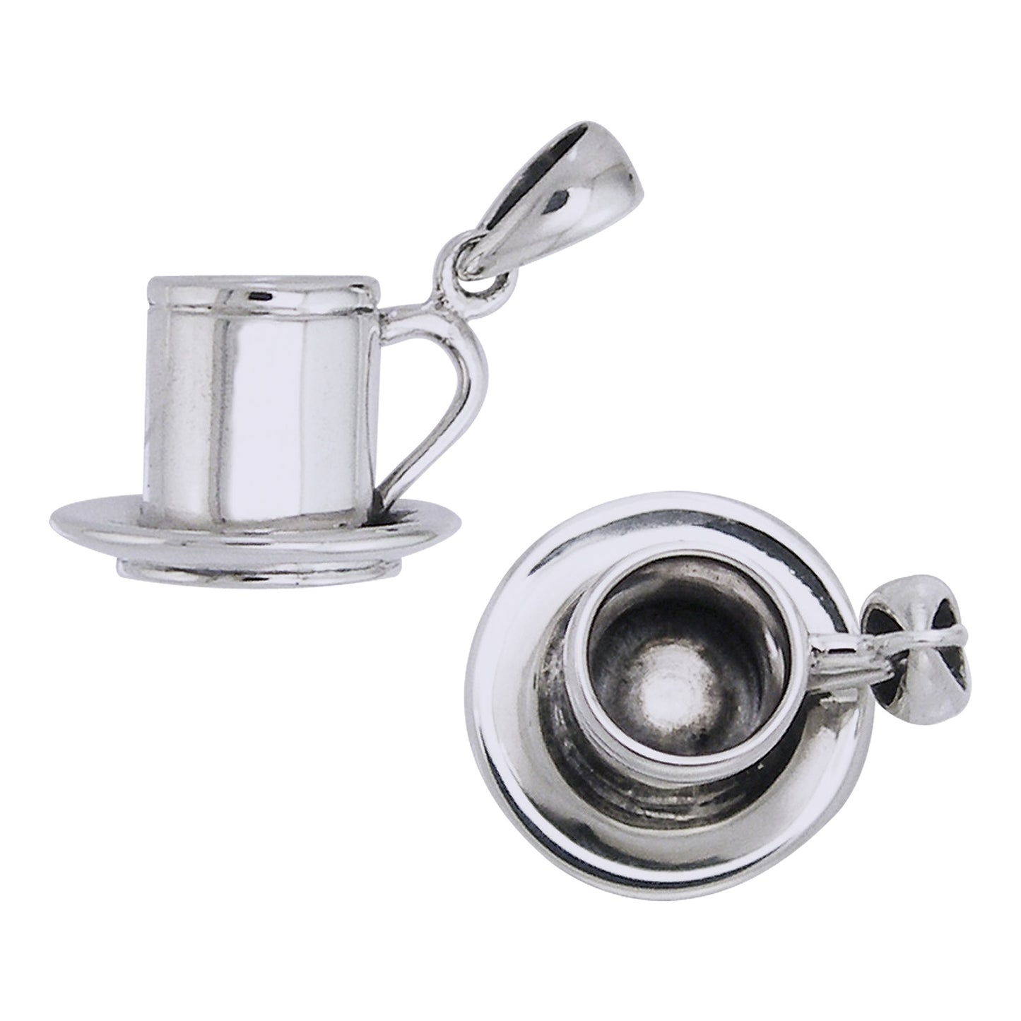 3D Cup of Coffee Tea Espresso Joe Sterling Silver Pendant Charm - Silver Insanity