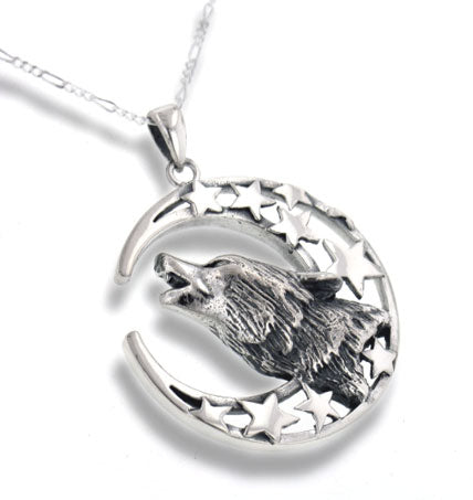 Howling Wolf at Moon Sterling Silver Pendant Necklace - Silver Insanity