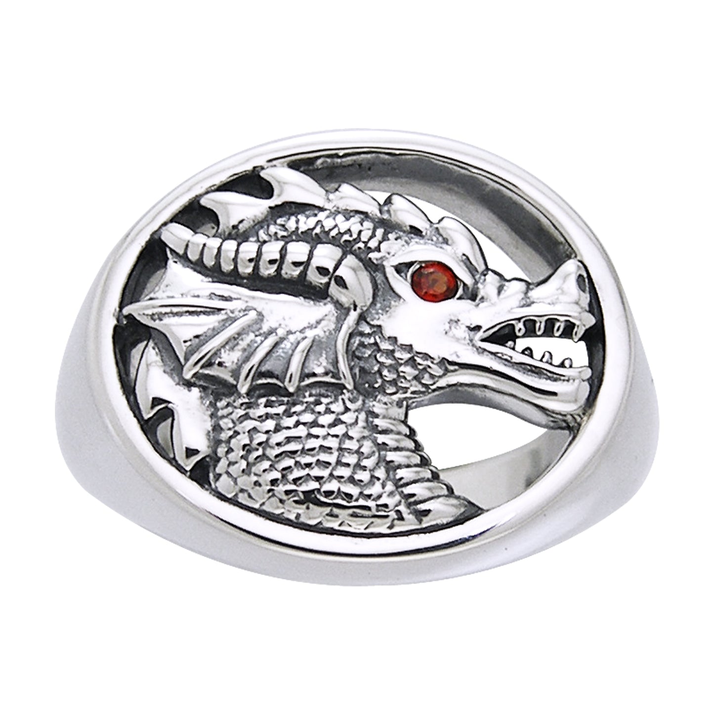 Sterling Silver Dragon Head Insignia Garnet Ring - Silver Insanity