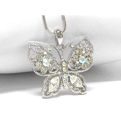 Butterfly AB Crystals White Gold Plated Pendant 16" Necklace - Silver Insanity